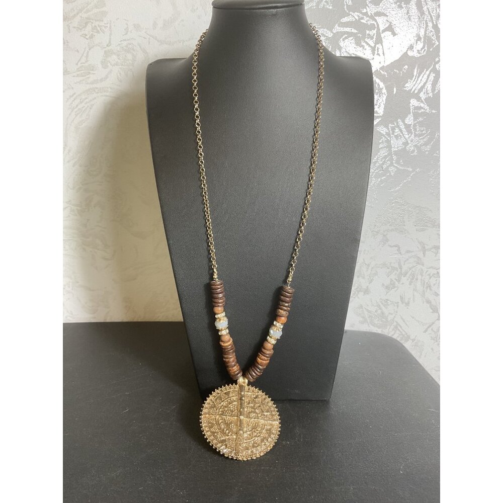 Bohemian African-Inspired Wooden & Gold Tone Beaded Necklace